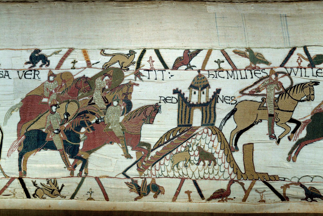 Erövringen av Bretagne av hertigen av Normandie Vilhelm Erövraren (1027-1087): tillfångatagandet av Rennes Detalj av gobelängen av Bayeux eller broderi av drottning Mathilde av Unknown artist