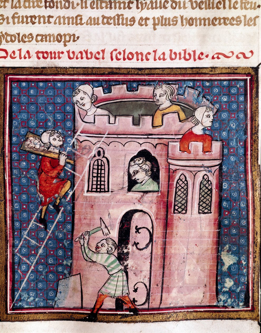 Byggandet av Babels torn Detalj av en upplyst sida av manuskriptet "Bible Historiale"" av Guiart Des Moulins kommunala bibliotek från 1300-talet Troyes av Unknown artist