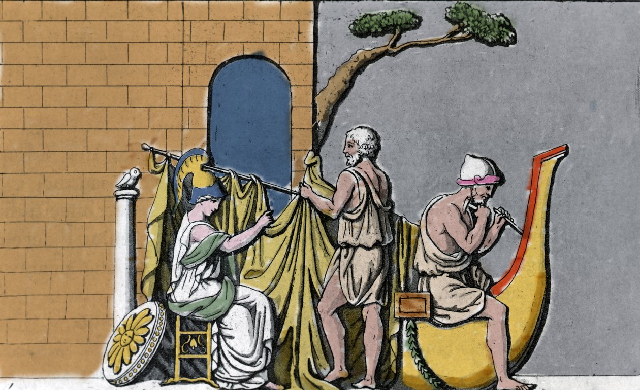 Konstruktionen av skeppet Argo, assisterad av Minerva, med det heliga träet från ekarna i Dodone. av Unknown artist