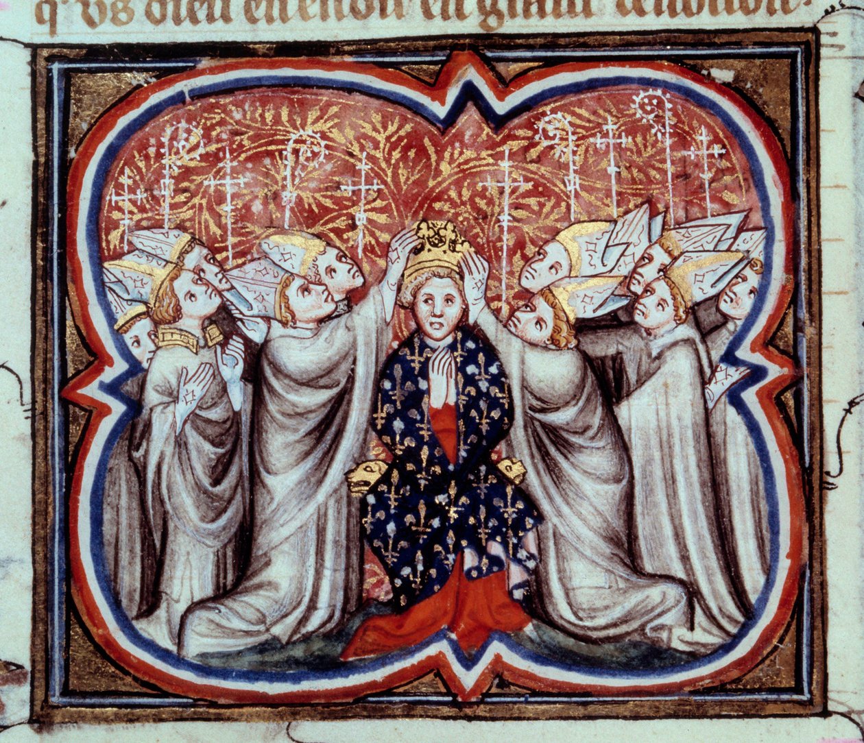 Kröningen av kung Filip Augustus (1165-1223) i katedralen i Reims den 1/11/1179. Miniatyr från ett 1300-talsmanuskript. Paris, B.N. av Unknown artist