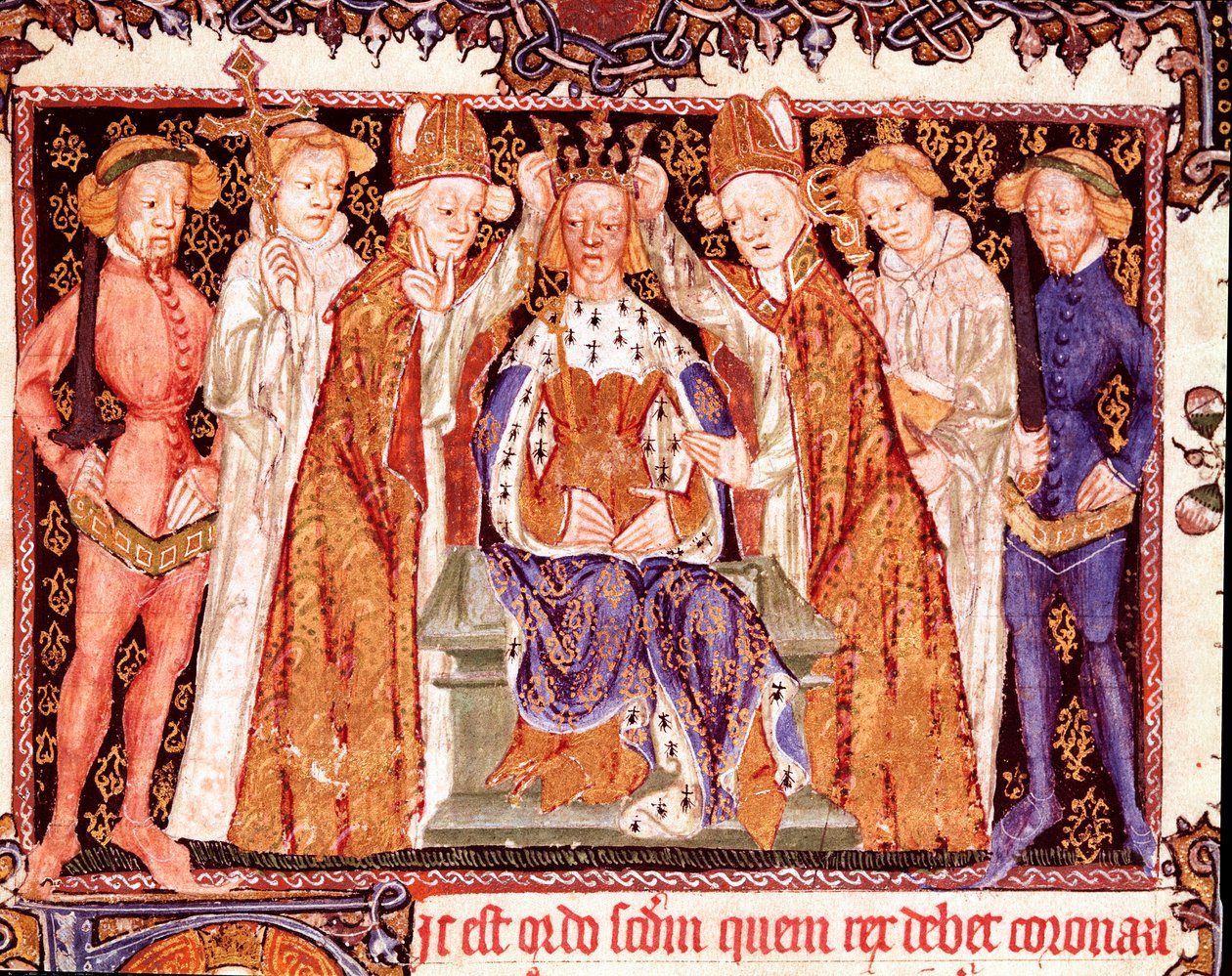 Kröningen av en kung Troligen kung Richard II av England (1367-1400). Miniatyr från manuskriptet om kröningsriter "" Liber regalis"" Pamplona från 1300-talet, Navarras arkiv av Unknown artist