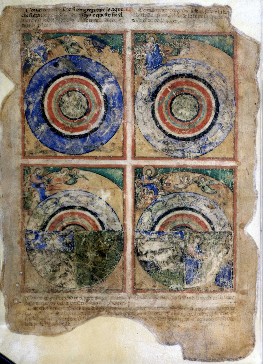 Världens skapelse. Genesis. Miniatyrer från codex 212 (eller Padovano Codice eller Bible of Padua) 1390-1400 Rovigo, Accademia dei Concordi av Unknown artist