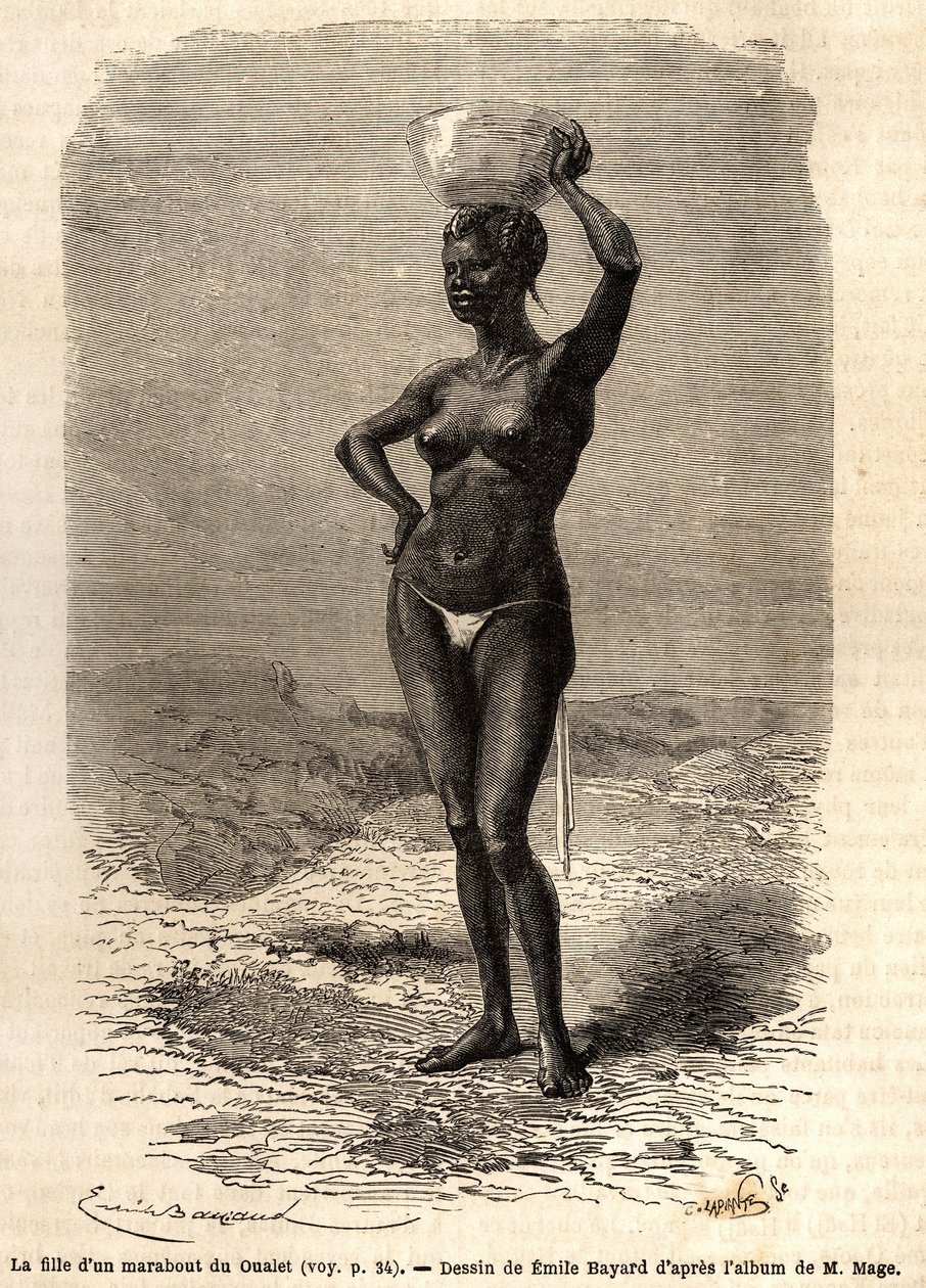 Dottern till en marabout från Oualet (Mauretanien), bär en jatte på huvudet för att göra svart tvål. Gravyr för att illustrera resan till västra Sudan av löjtnant (marinen) M. Mage, 1863-1866, publicerad i "Le tour du monde, nouveau journal des voyages" av Unknown artist