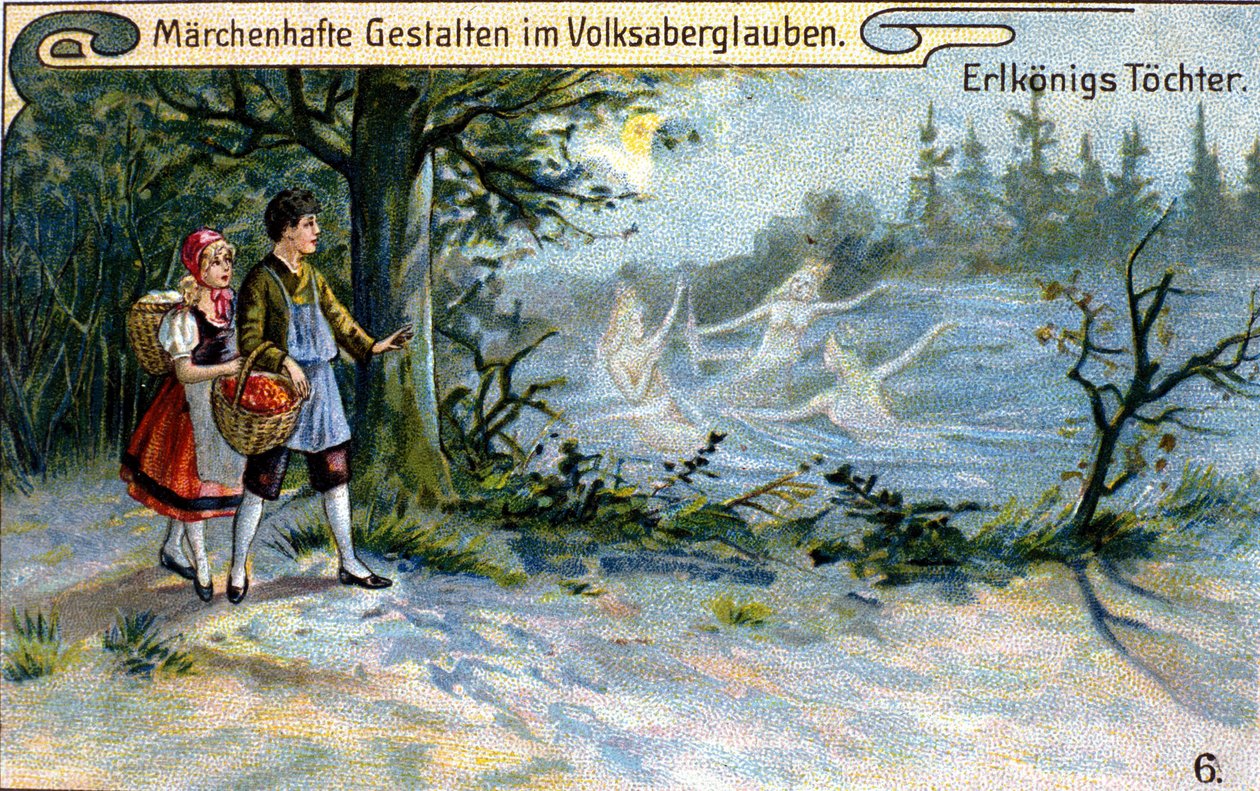 Alvernas kung döttrar. Underbar karaktär av tysk mytologi. kromolitografi från 1800-talet. av Unknown artist