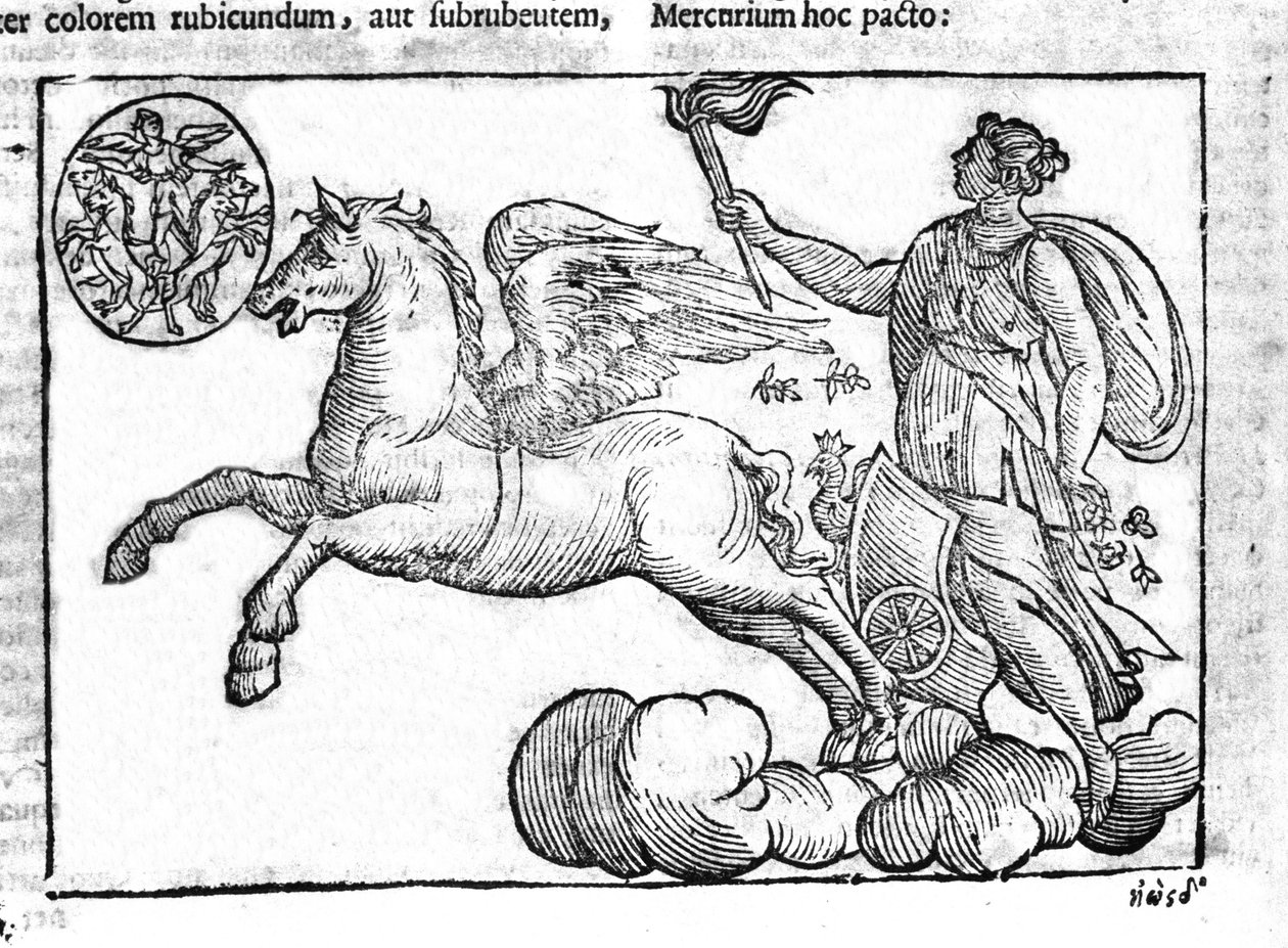 Gryningen (solens vagn). Allegori över soluppgången med karaktärerna från den grekiska och romerska mytologin på himlen. Gravyr från "Mythology and Explanations of Fables" av Natalis Comitis. 1637. av Unknown artist