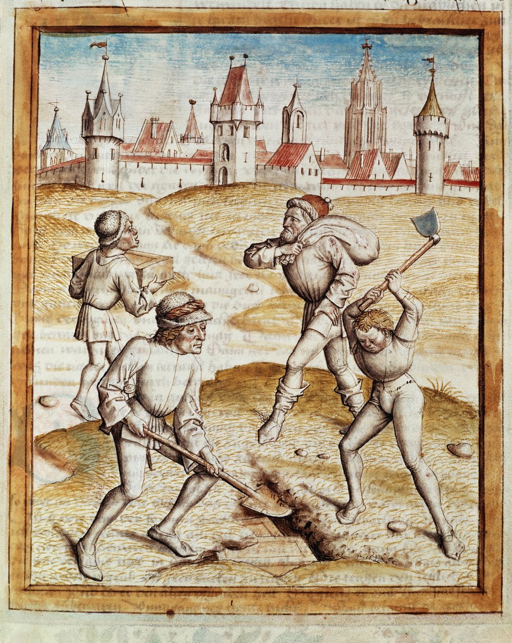Upptäckten av en skattmästare i förorten till en befäst stad Miniatyr hämtad från en tysk översättning av fablerna om "Kalila (Calila) och Dimna" av Bidpai. (ms. 1389, fol. 1) omkring 1480 Chantilly, museum Conde av Unknown artist