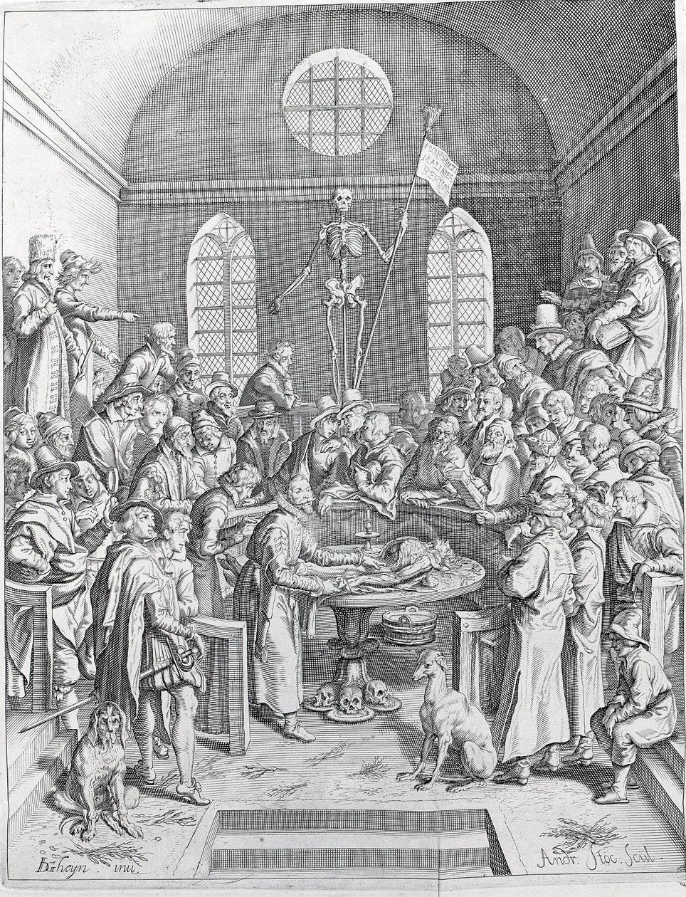 Dissektionsgruppen av läkare och forskare återförenades för att följa en dissektion i en amfiteater. Gravyr från 1788 av Unknown artist