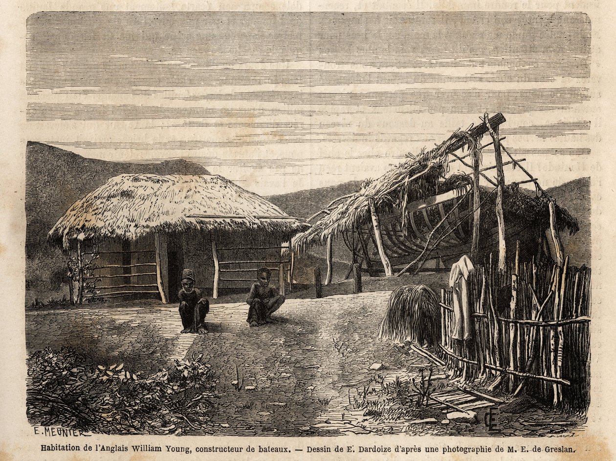 Bostaden och varvet för en engelsk byggare nära Noumea, som använder inhemsk arbetskraft eller fördömer dem till slutet av deras tid av hårt arbete. Gravyr för illustrrer le voyage à la Nouvelle Caledonie, av Jules Garnier, civilingenjör av gruvor, år 18 av Unknown artist