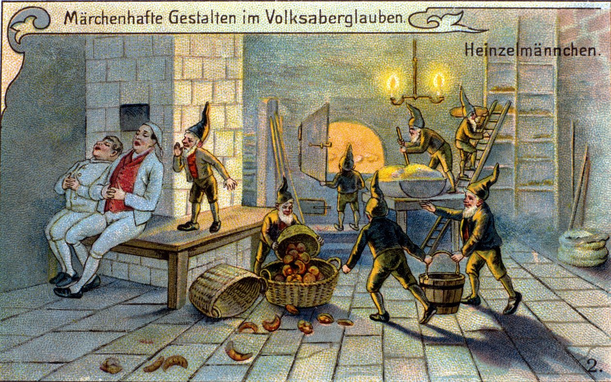 Alverna, underbara karaktärer av den populära traditionen: de lagar bröd medan bagarna sover. kromolitografi från 1800-talet. av Unknown artist