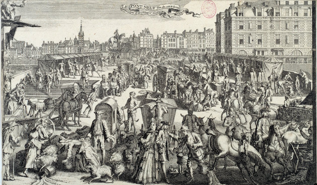 Pinsamt för Pont Neuf i Paris. Illustration av trafik och trafikstockningar på gatorna i Paris på 1700-talet. Gravyr från 1710. Paris, Musee Carnavalet av Unknown artist