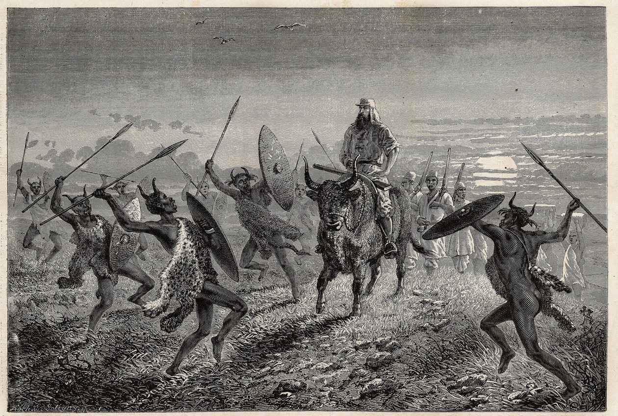 Eskorten som tilldelats resenären Baker, utför en fantasi innan han åker till Lake Albert (eller Albert Nyanza). Gravyr för illustration av resan till Lake Albert, 1861-1864, av Sir Samuel White Baker, i "Le tour du monde, nouveau journal des voyages av Unknown artist