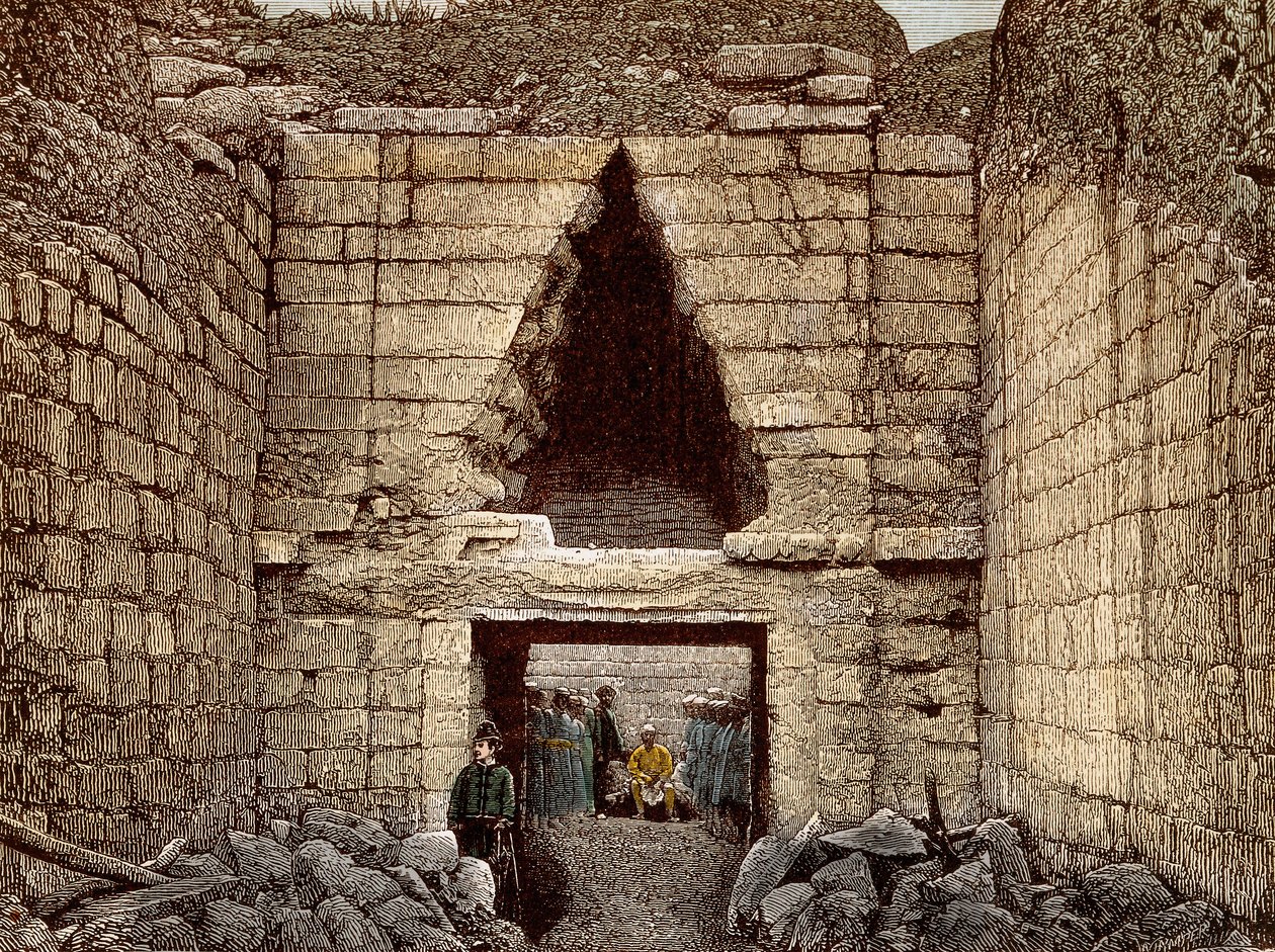 Utgrävningarna på Mykenes ledd av Heinrich Schliemann (1822-1890) - Lejonporten, huvudingången till Mykene - av Unknown artist