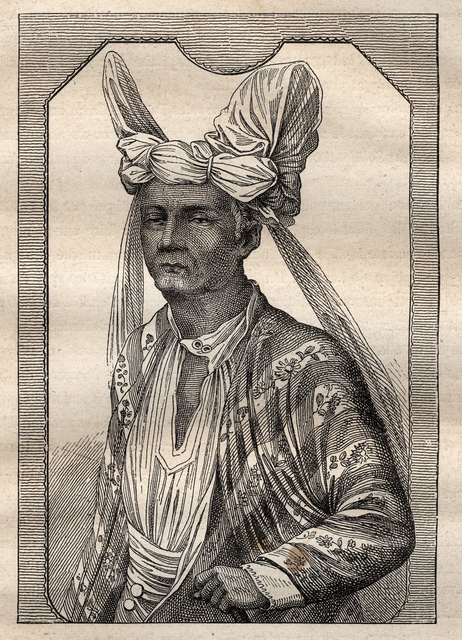 Expeditionen runt om i världen (1790-1792) av kapten Etienne Marchand (1755-1793): porträtt av kungen på ön Timor (Indonesisk ögrupp) - illustration hämtad från "The Great Mariners of the 18th century" av Unknown artist