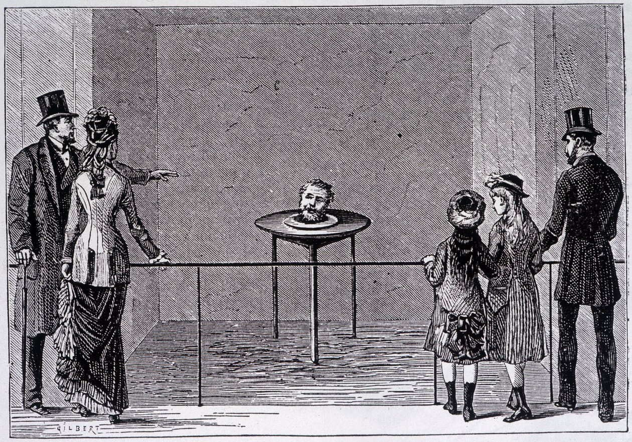 Upplevelsen av Robert Houdins "decapite parlant" - gravyr, sent 1800-tal av Unknown artist