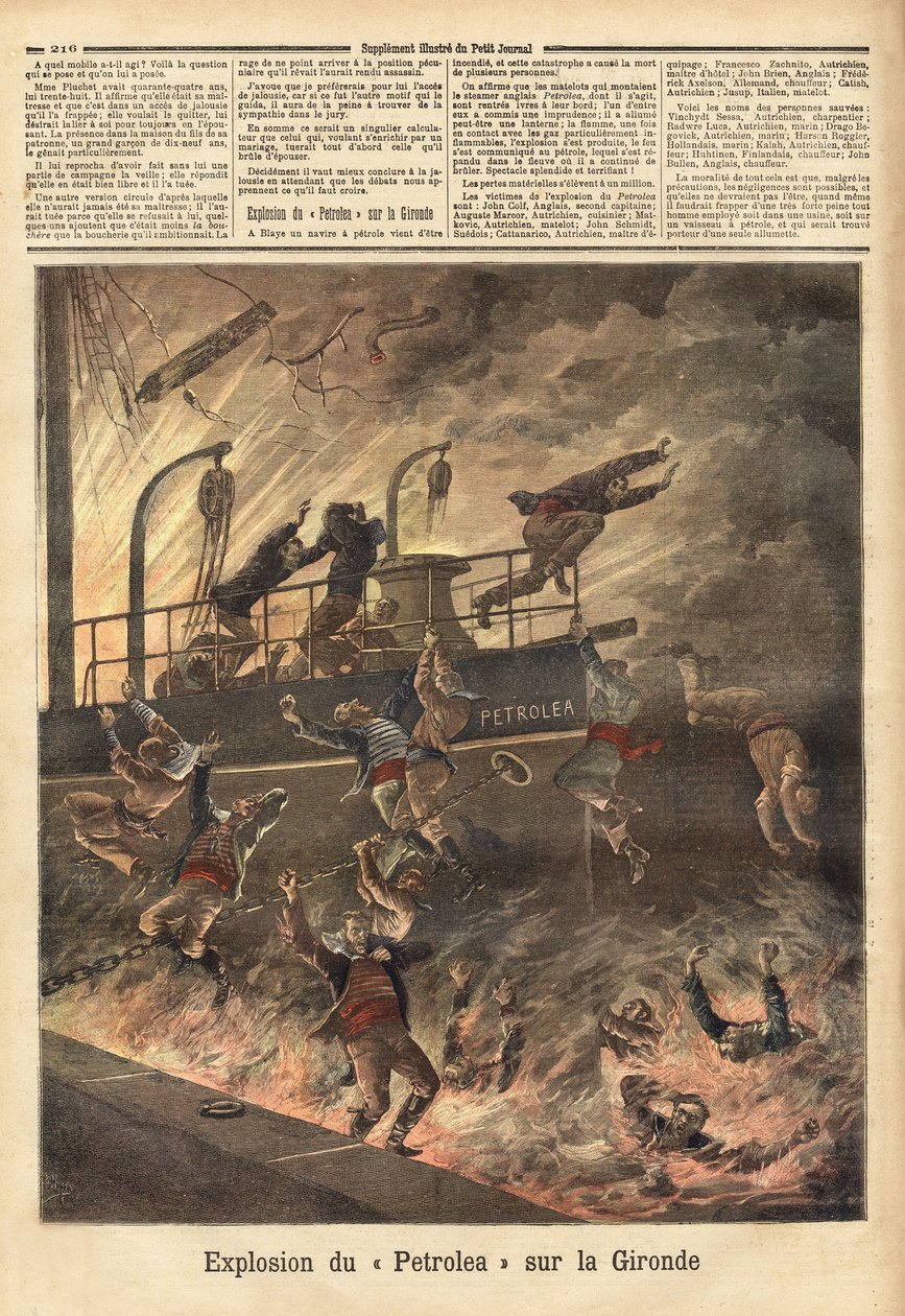 Explosionen av "Petrolea", en engelsk ångbåt som fraktar olja, i Blaye, på Gironde. Gravyr i "" Le petit journal"" 1892-06-04. Selvas samling. av Unknown artist