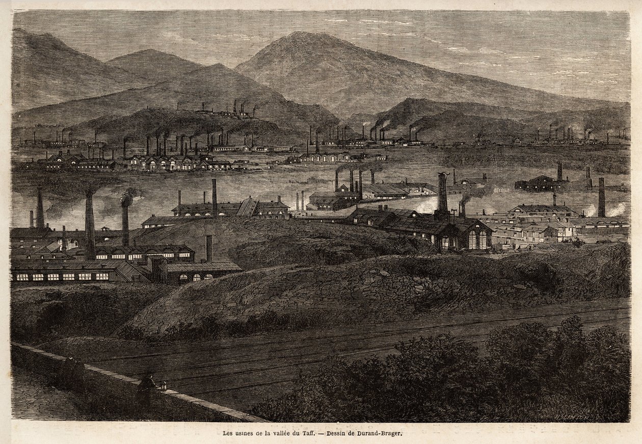 Fabrikerna i Taff Valley. Teckning av Durand Brager, för att illustrera ett besök på de stora fabrikerna i Wales 1862, av L.Simonin. Gravyr i "" Le tour du monde"", redigerad av Edouard Charton av Unknown artist