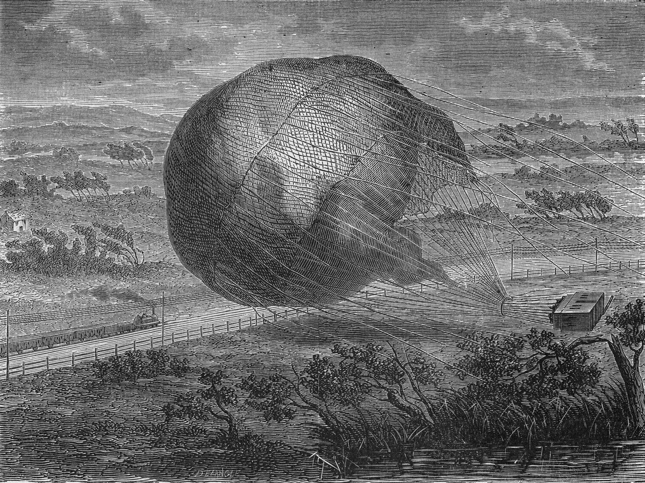 Bollens fall "" The Giant"" på Hannovers slätter 1863 med ombord: Jules och Louis Godard, Felix Nadar, hans fru, Fernand Montgolfier och Thirion. I” Album de la Science”, Éditions Jouvet av Unknown artist