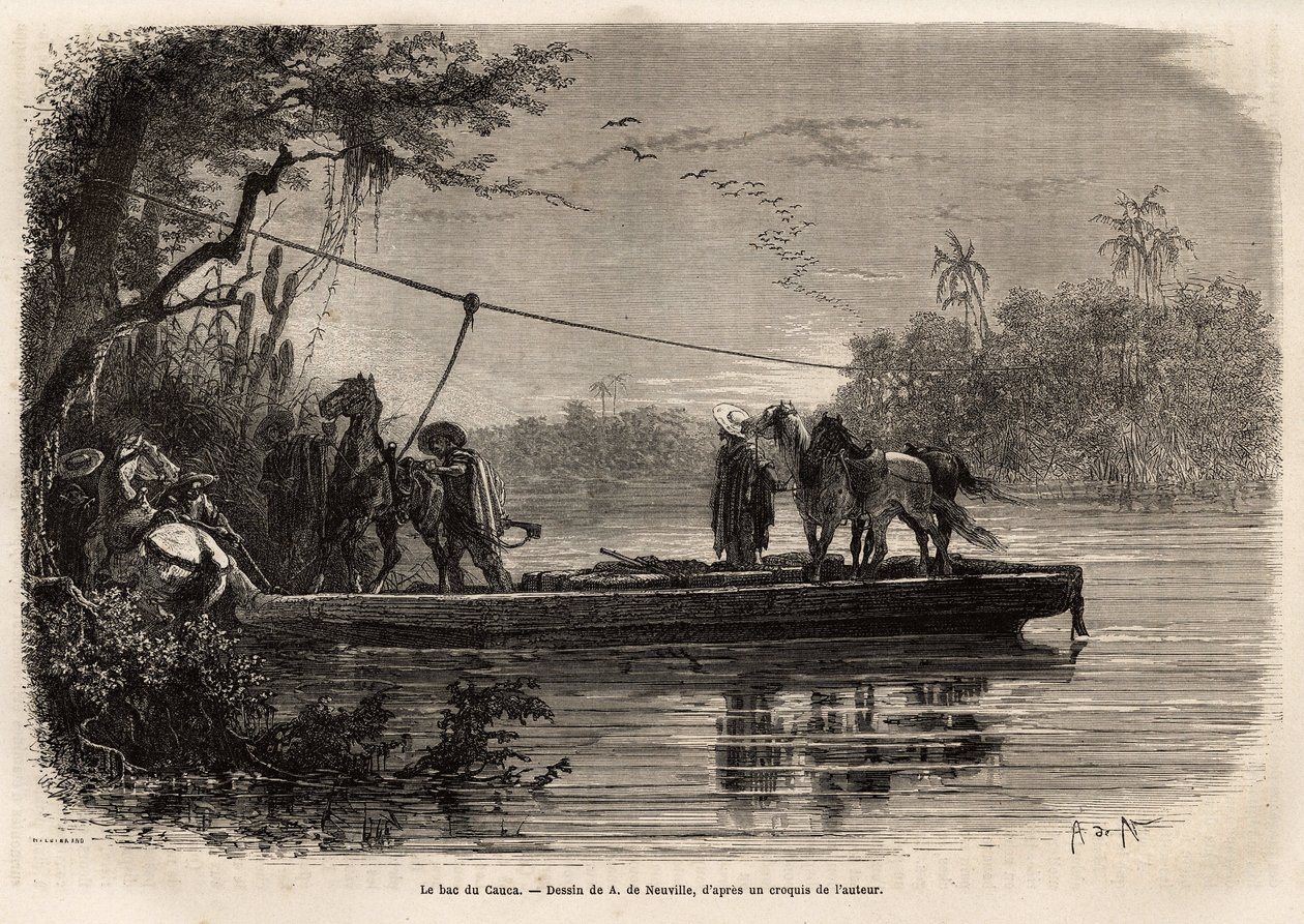 Färjan för att korsa floden Cauca. Gravyr för att illustrera resan till Nya Granada, av Dr. Saffray, 1869, publicerad i "" Le tour du monde""" 1873, redigerad av Edouard Charton, upplaga Hachette, Paris. Selva samling. av Unknown artist