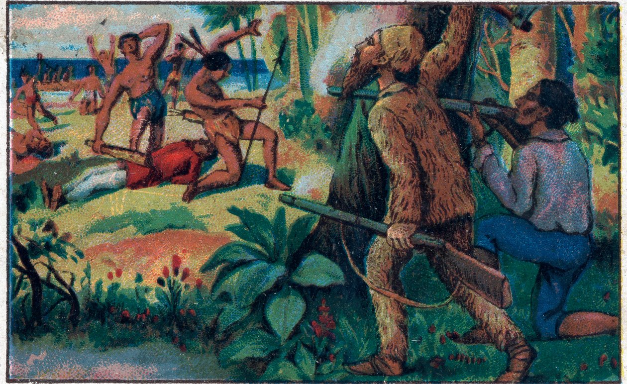 Kampen med vildarna. Illustration till boken av Daniel Defoe (Defoe) "" Robinson Crusoe"". Kromolitografi från slutet av 1800-talet. av Unknown artist