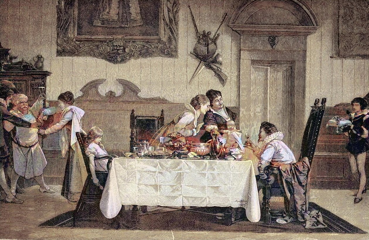 Den förstfödda manliga avkomman, barnmorskan, visar den nyfödda sonen för de andra familjemedlemmarna av Unknown artist