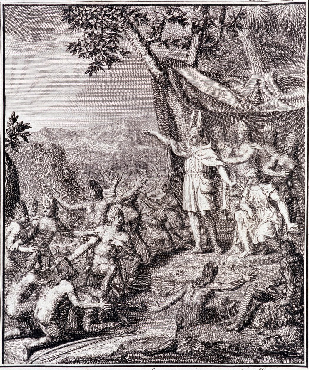 Den första inkaen Manco Capac och drottning Coya Mama Oello Huaco hans hustru, båda solens barn, samlar vildarna - i "" Historisk resa i Sydamerika utförd på order av kungen av Spanien"" av Don Georges Juan & Don Antoine de Ulloa, T.II, red. Jombert, av Unknown artist