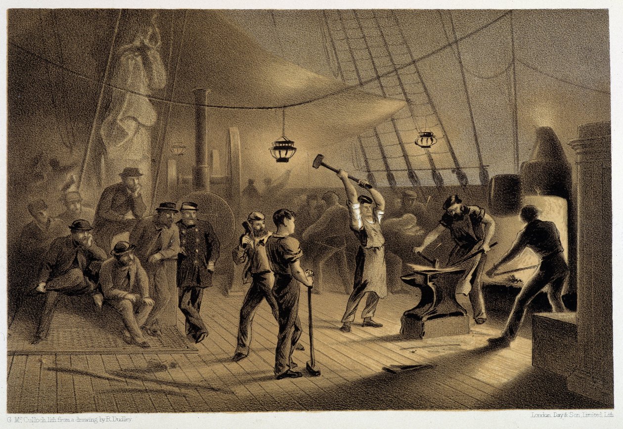 Smedjan på däck. Natten den 9 augusti förbereder ifon-plätering för kapstan - i "The Atlantic telegraph" av W. H. Russel, ca. 1860 av Unknown artist