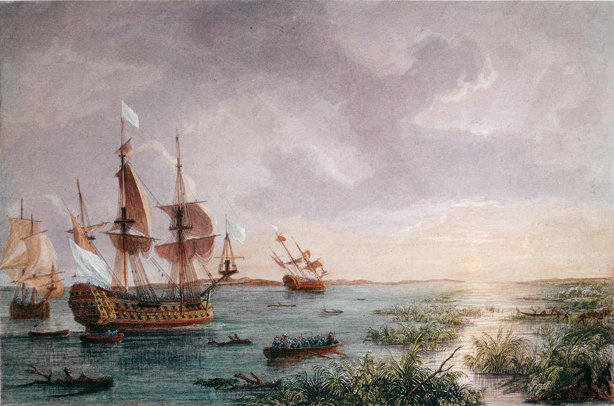 Den franske upptäcktsresanden Rene Robert Cavelier, Sieur de LaSalle upptäcker Louisiana, 1684 (gravyr av Unknown artist