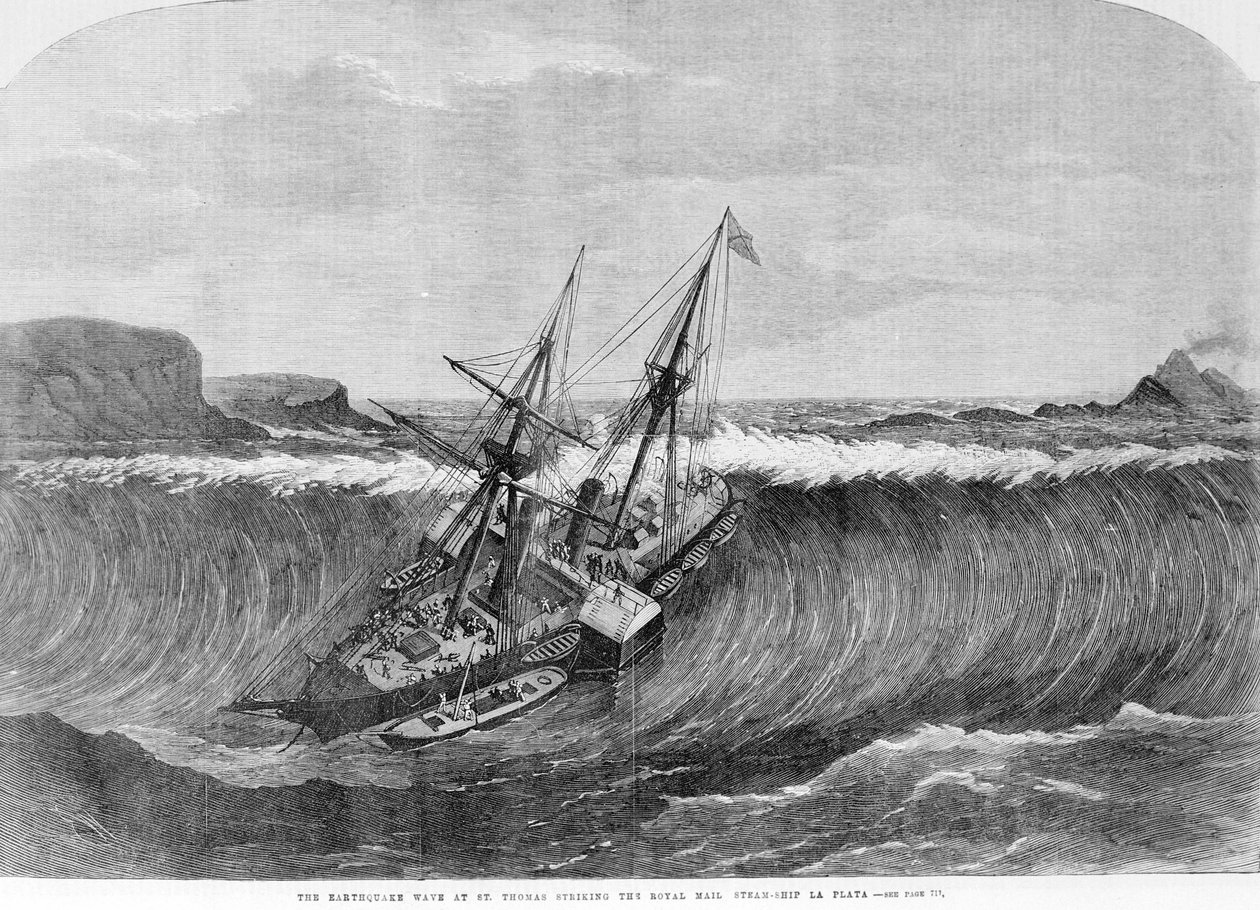 Den gigantiska vågen av tsunamin i december 1867 i Saint Thomas, Jungfruöarna faller på den hjulförsedda båten La Plata. Gravyr av 1800-talet. av Unknown artist