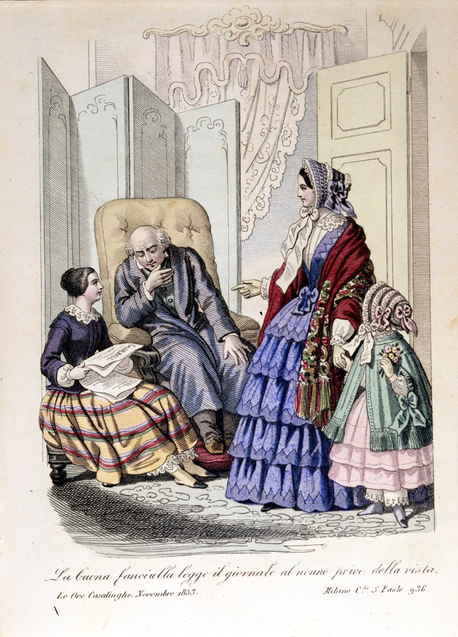 Flickan läser tidningen för sin farfar som har tappat synen. Ur "The ore casalinghe", november 1853. av Unknown artist