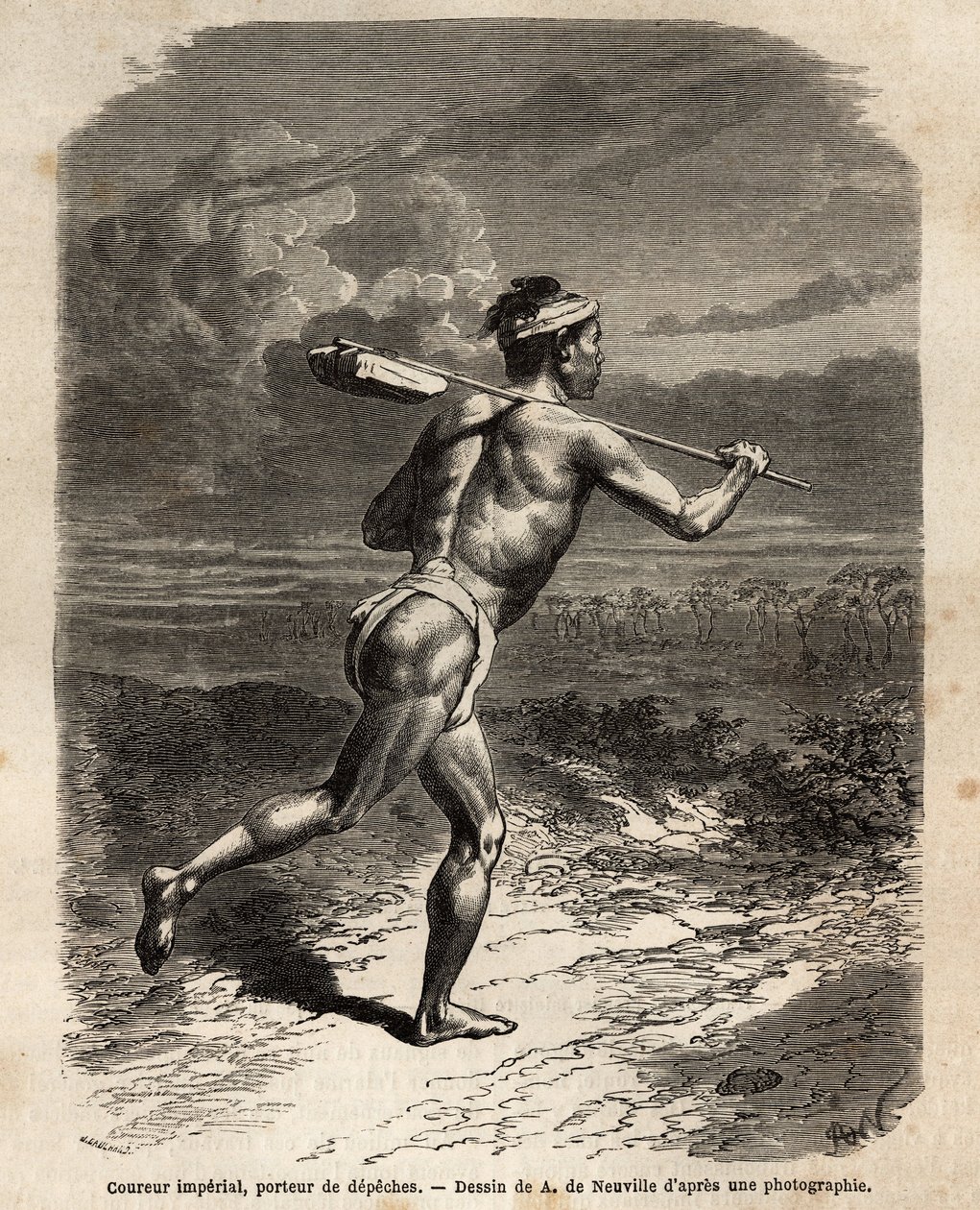Den kejserliga löparen, som bär Mikado depeches. Gravyr för att illustrera resan till Japan, 1863-1864, av Aime Humbert, minister för Schweiziska edsförbundet, i "" Le tour du monde, nouveau journal des voyages"" publicerad under ledning av Edoua av Unknown artist