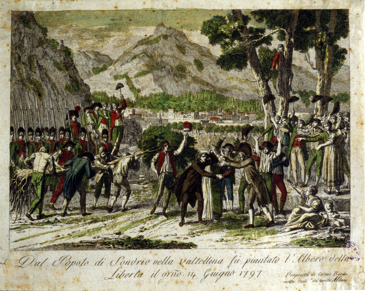 Invånarna i Sondrio de la Valtellina planterar Libertes träd, en symbol för segern över den gamla regimen. 14/06/1797. Gravyr. av Unknown artist