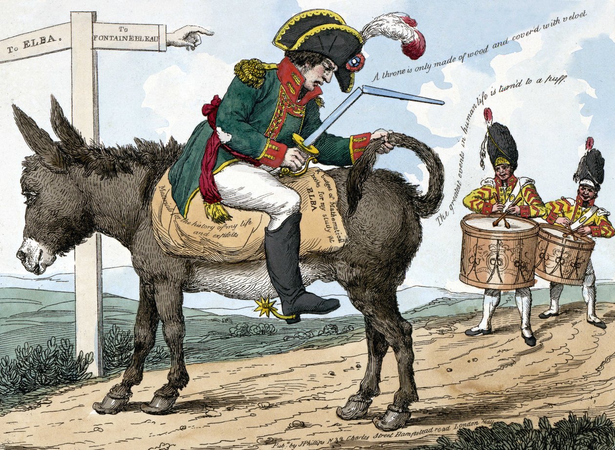 En modern hjältes resa till ön Elba. En modern hjältes resa till ön Elba. Denna tecknade serie visar Napoleon Bonaparte sittande på en åsna på vägen från Fontainebleau till ön Elba; han håller en svärdskasse i ena handen och den av Unknown artist