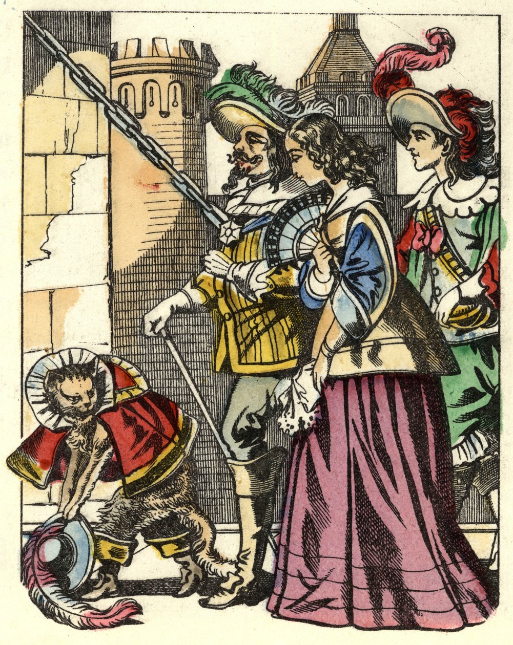 Kungen, prinsessan och markisen av Carabas anländer till ogrenens slott före kattstöveln. Illustration av berättelsen "The cat botte" av Charles Perrault av Unknown artist