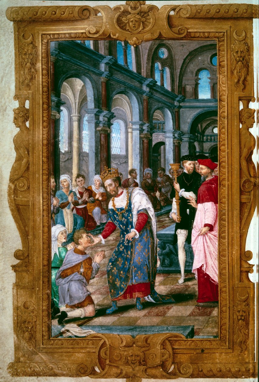 Kungen berör, Gud hör dig Kung Henrik II (1519-1559), thaumaturge, krigare som är trött på ecrouelles i klostret Saint Marcoul, strax efter ceremonin för kröningen av Reims. Nära honom bågen av Reims. Miniatyr från "The Hours of Henry II"" 154 av Unknown artist