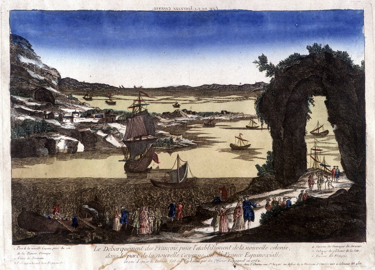 Fransmännens landstigning för etableringen av den nya kolonin i hamnen i Nouvelle Cayenne (eller France Equinoxiale) av Unknown artist