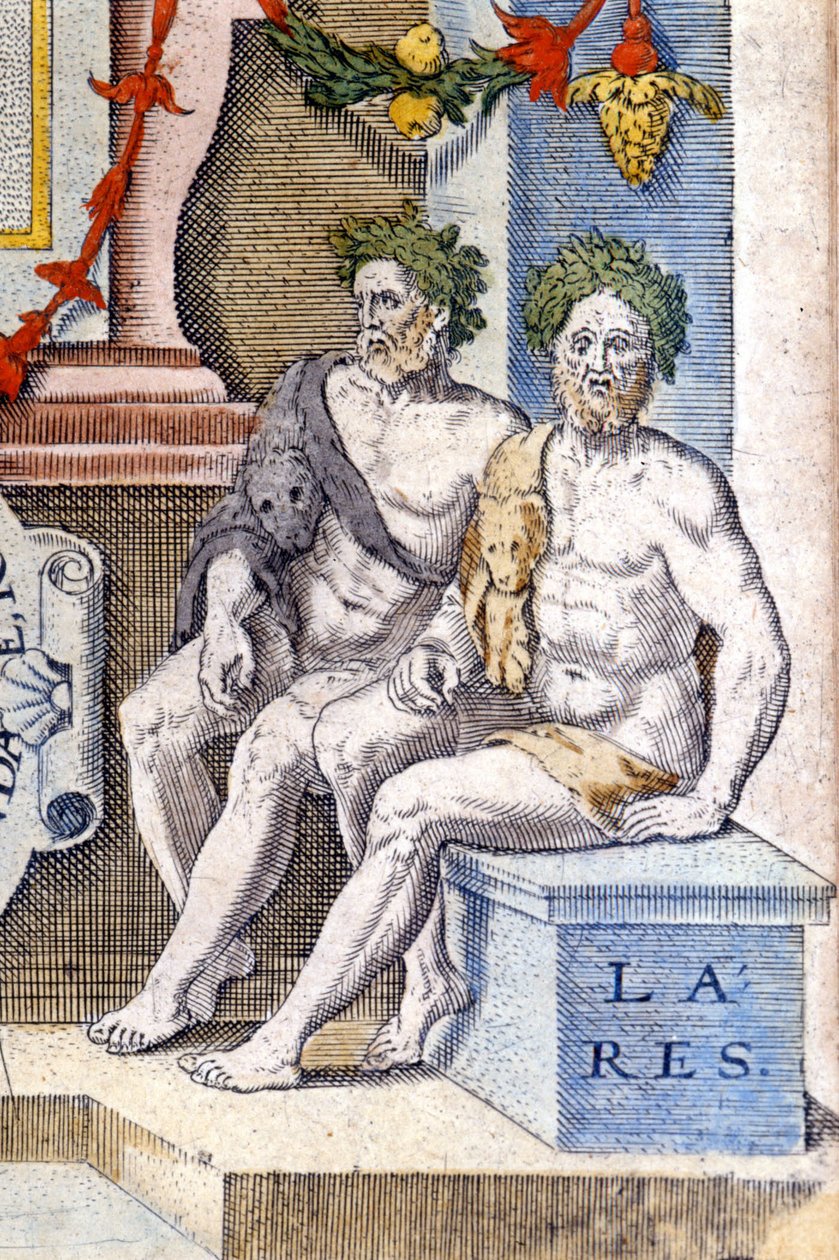 Lares gudar: de skyddar huset och dess invånare (de är förfädernas andar). Gravyr av 1500-talet av Unknown artist
