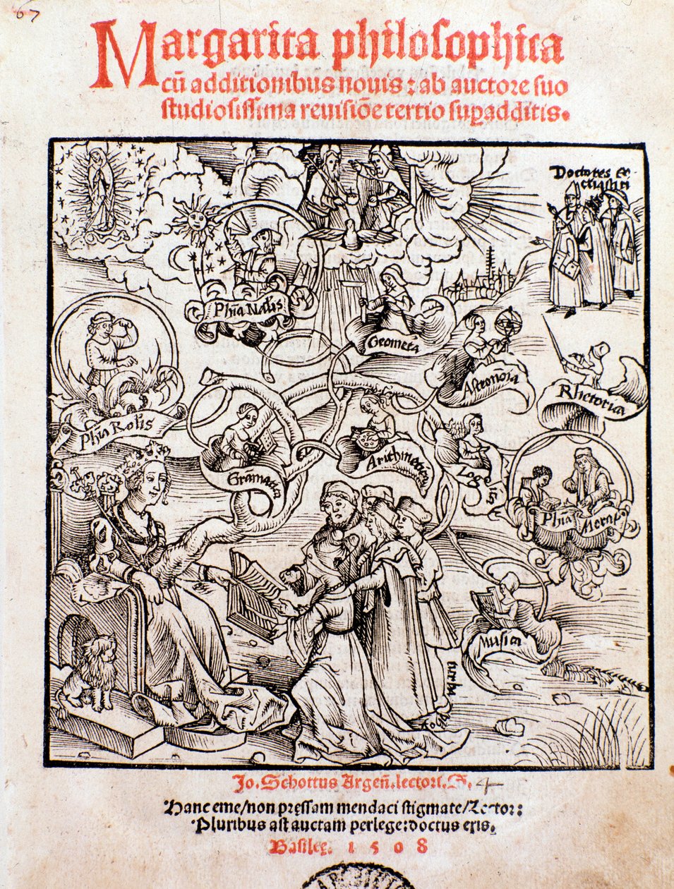 De fria konsterna: Trivium (grammatik, logik och retorik) och quadrivium (aritmetik, geometri, musik och astronomi) (gravyr av Unknown artist