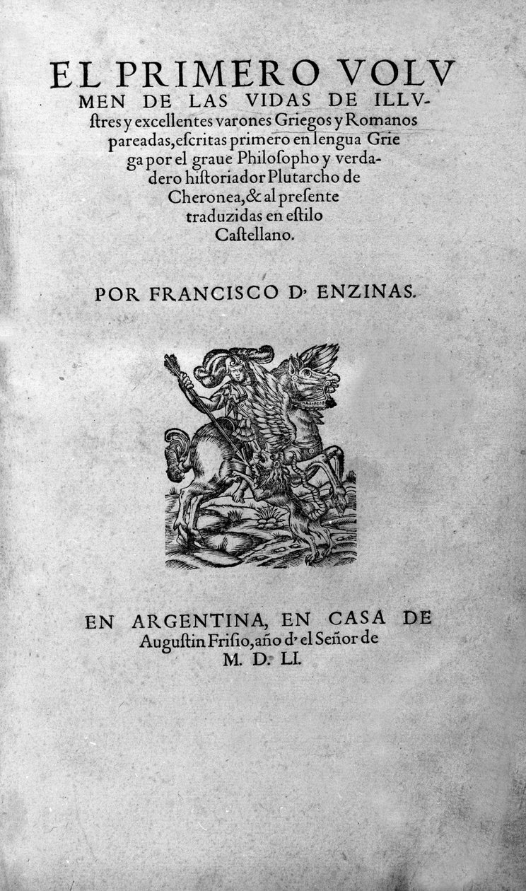 Berömda mäns liv. Frontispice av Plutarch di Cheronees bok, även kallad "Paralleles Lives"". Argentinsk upplaga av Unknown artist