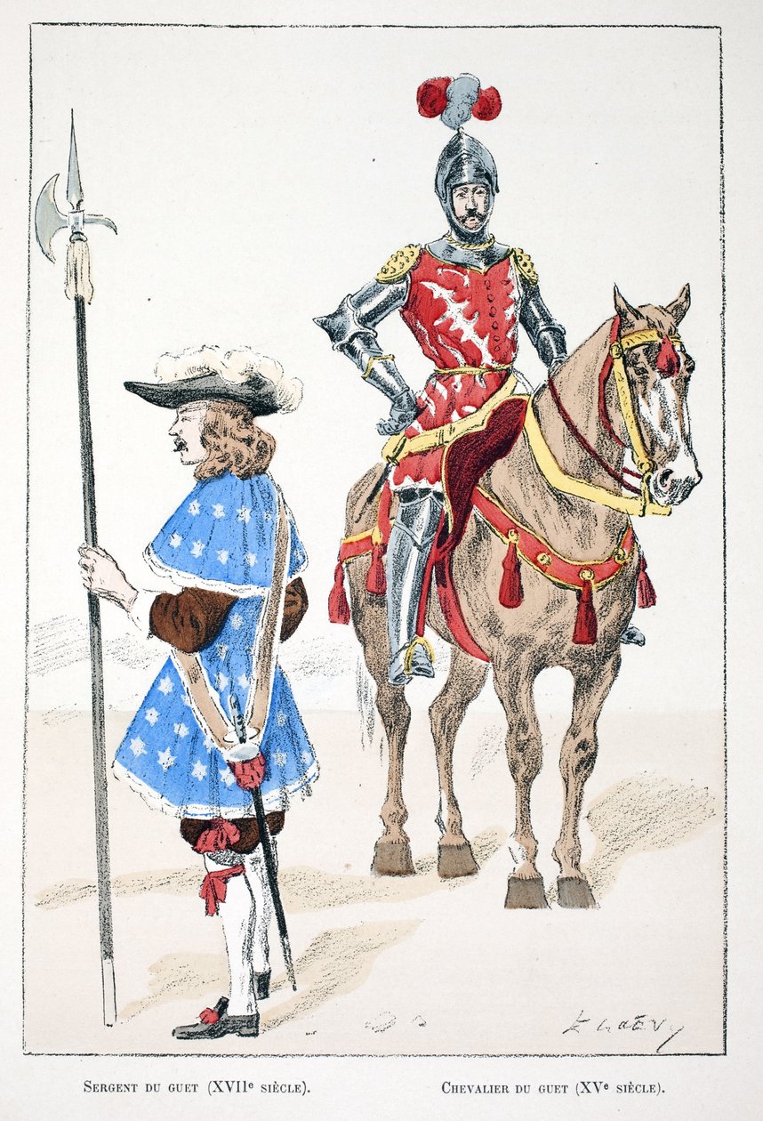 Utkikssergeanten på 1600-talet och riddaren på 1400-talet. Etsning i färger, för illustration "History of the Corps of Peacekeepers""" bok publicerad i regi av Louis Lepine (1846-1933), prefekt för polisen på Seine av Unknown artist