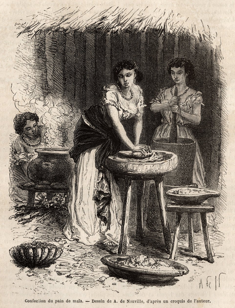 Tillverkning av majsbröd, basen för mat, av kvinnor i Great Cauca Valley (Colombia). Gravyr för att illustrera resan till New Granada, av Dr. Saffray, 1869, publicerad i "" Le tour du monde""" 1873, redigerad av Edouard Charton, upplaga Hachet av Unknown artist