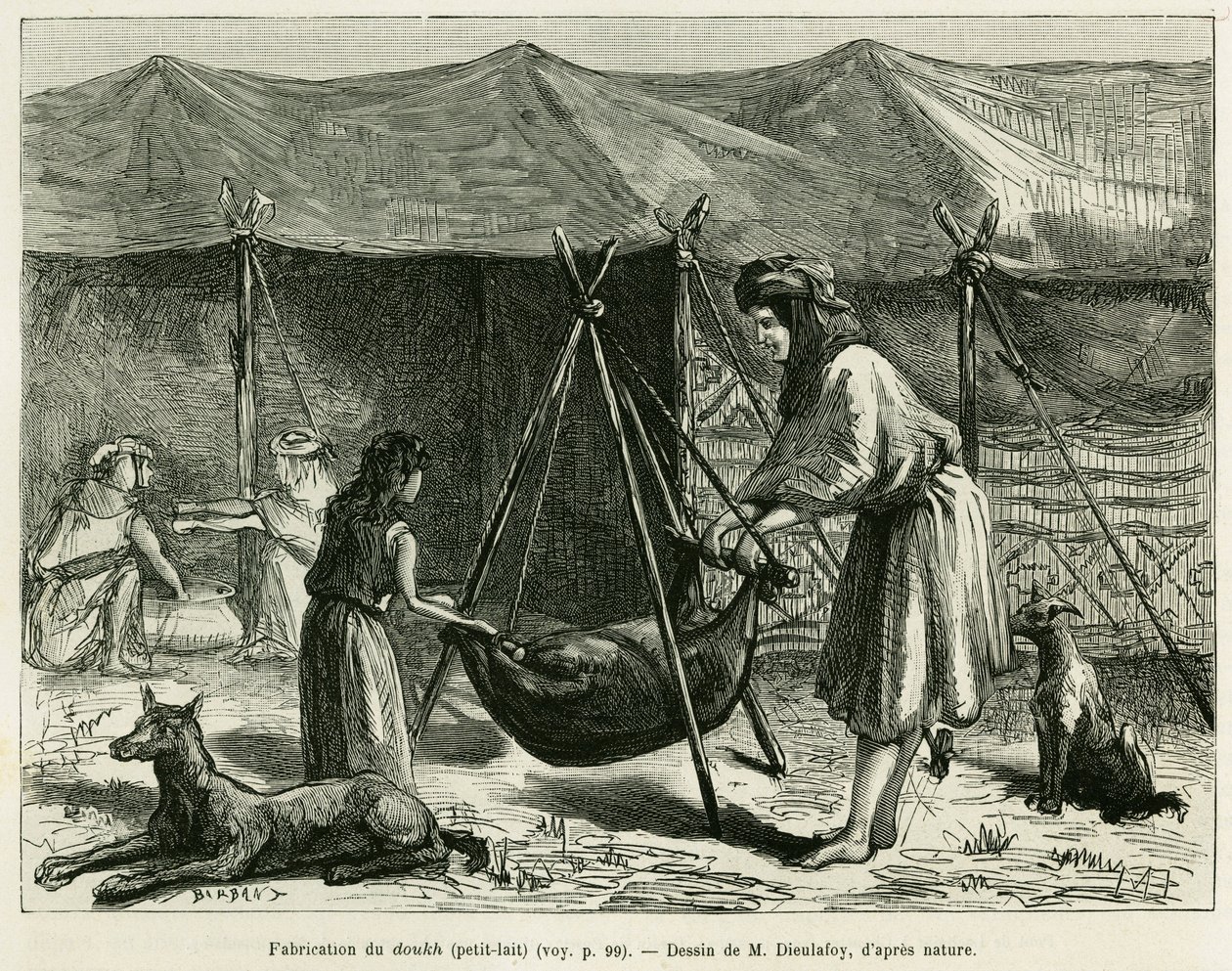 Tillverkning av mjölk av kvinnor från herdar i Karoun-regionen. Gravyr för att illustrera historien La Perse, la Chaldee et la Susiane av Jane Delafoy (1851-1916), akademiofficer, i le tour du monde 1886, regisserad av Edouard Charton (1807-1890), Ha av Unknown artist