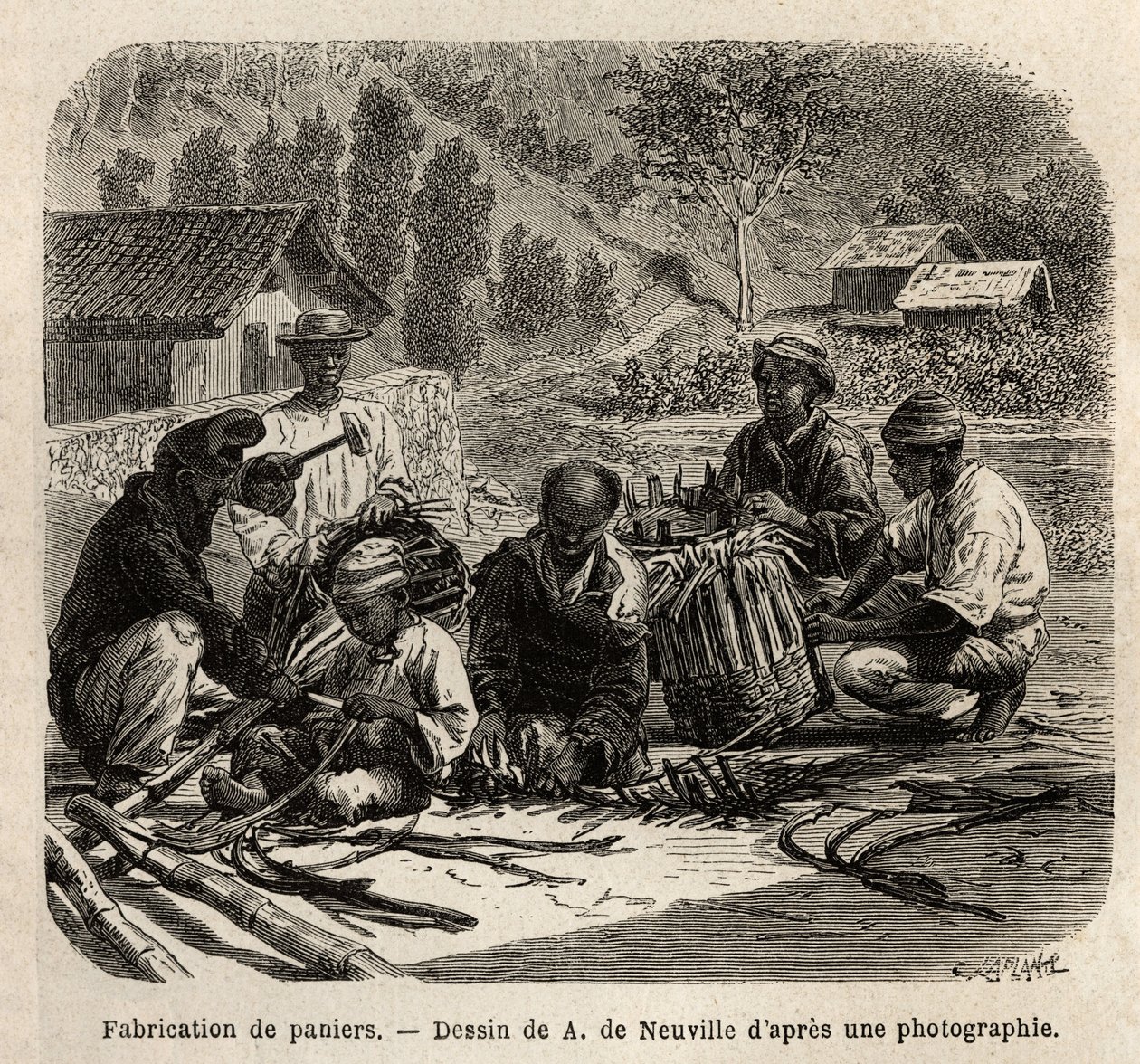 Tillverkning av palmbladskorgar, för insamling av kaffe. Gravyr för att illustrera resan till Brasilien, berättelse av M. och Mme Agassiz, 1865-1866, publicerad i "Le tour du monde, nouveau journal des voyages", under ledning av Edouard Charto av Unknown artist