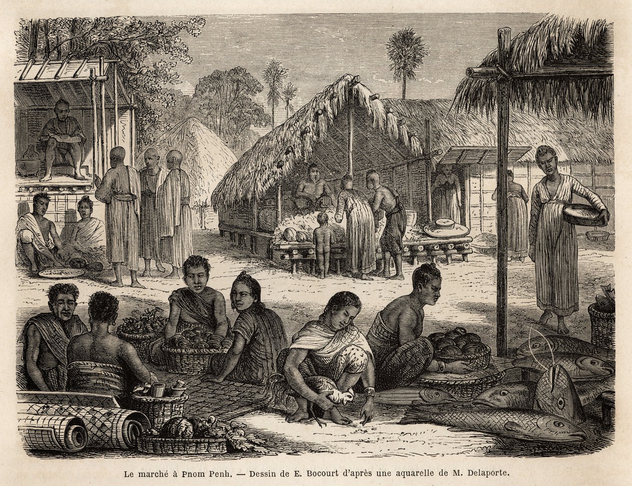 Marknaden i Phnom Penh, där malaysiska butiksägare och kinesiska handlare erbjuder ett brett utbud av konsument- och tillverkningsprodukter. Gravyr för att illustrera upptäcktsfärden i Indokina, av Francis Garnier, löjtnant de Vaissseau, 1866-1868, av Unknown artist