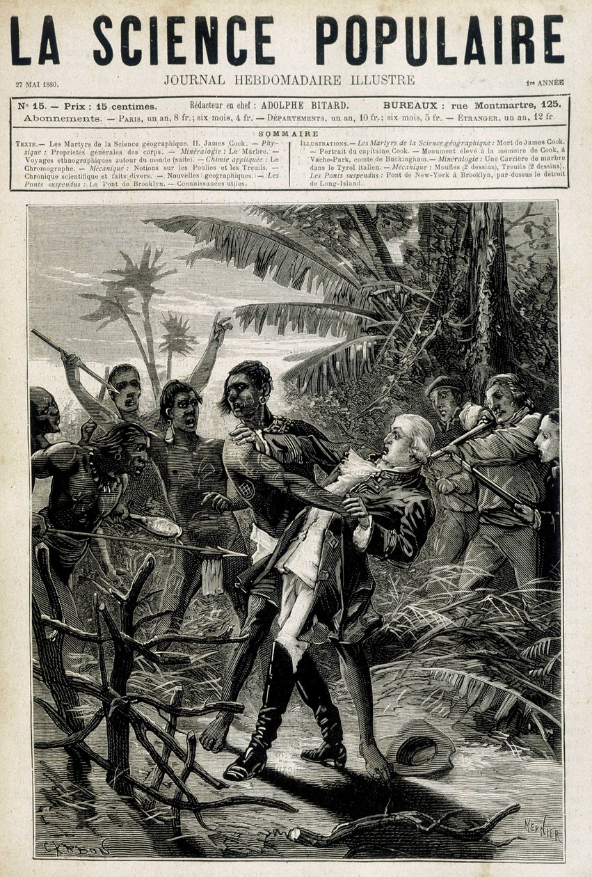 Geografisk vetenskaps martyrer: kapten Cooks död. Omslag "" La Science populaire"" av 27 maj 1880 av Unknown artist