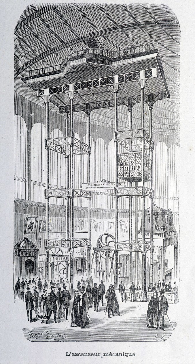Ingenjören Edoux mekaniska hiss vid världsutställningen 1867 - grav. av Unknown artist