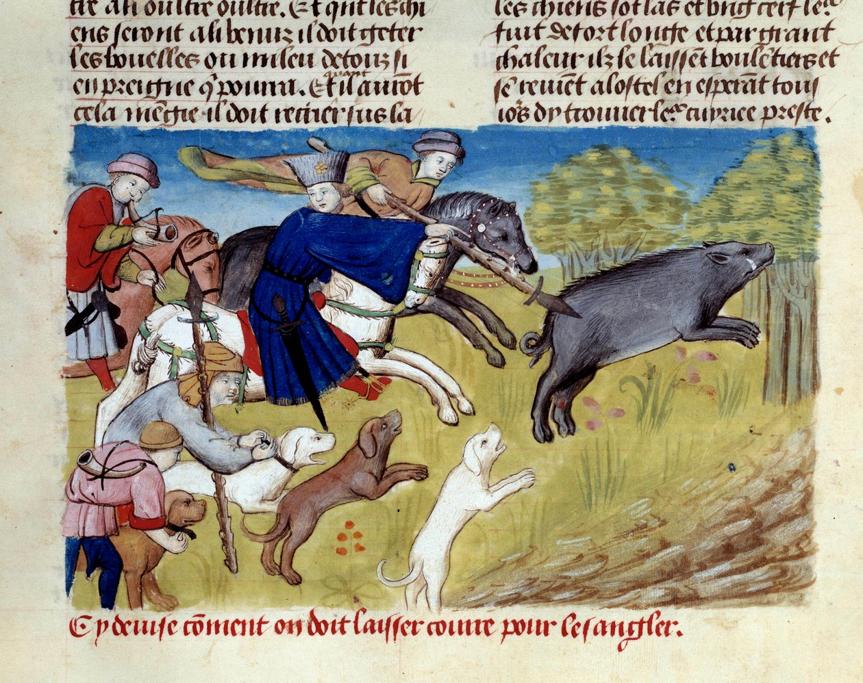 Vildsvinsjakten i miniatyr från "" The book of hunting"" av Gaston III Phoebus, greve av Foix, Lord of Bearn (1331-1391) av Unknown artist