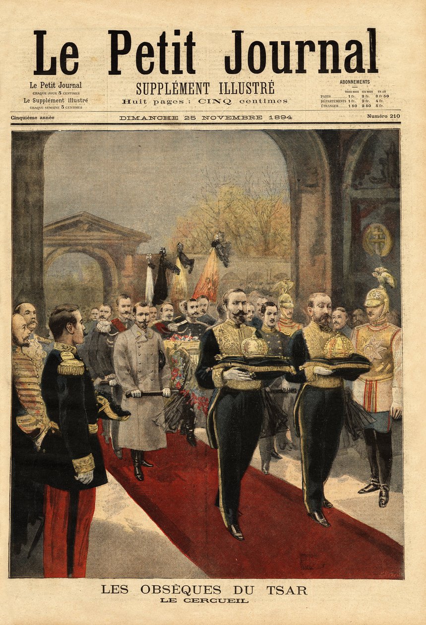 Tsar Alexander III:s (1815-1894) obseques i katedralen St. Peter och St. Paul, Romanovs nekropolis, i centrum av fästningen St. Petersburg. Gravyr i "" Le petit journal"" 1894-11-25. Selvas samling. av Unknown artist