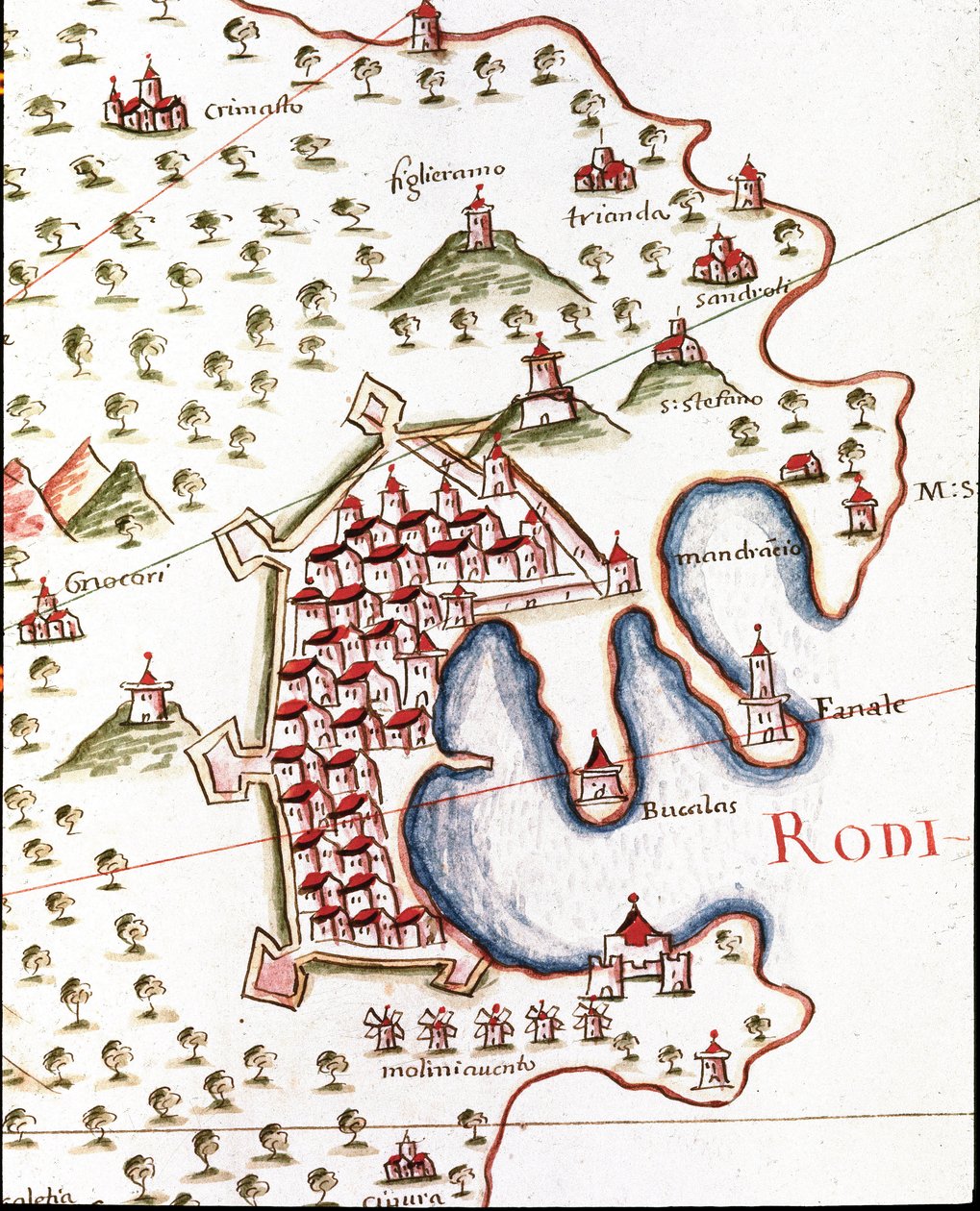 Rhodos hamn i Grekland (Detalj av portulan av Castellini av Unknown artist