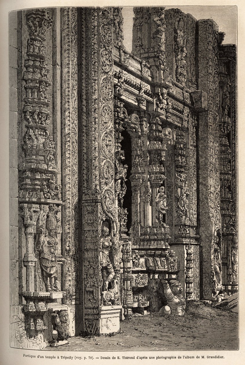 Portiken huggen av ett tempel i Tripetty (eller Tirupati, i Andhra Pradesh), en viktig plats för hinduisk pilgrimsfärd. Gravyr för att illustrera resan till Indiens meridionalprovinser, av Alfred Grandidier, 1862-1864, publicerad i "" le tour du mo av Unknown artist