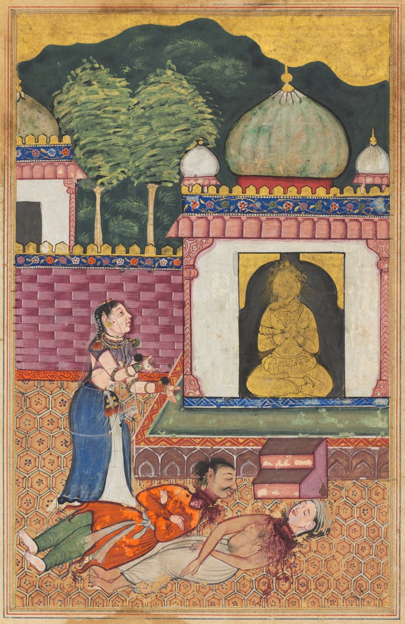 Prinsessan upptäcker de döda kropparna, med avhuggna huvuden, av hennes man och hans brahmanvän, från en Tuti-nama (Berättelser om en papegoja): Thirty-fourth Night av Unknown artist